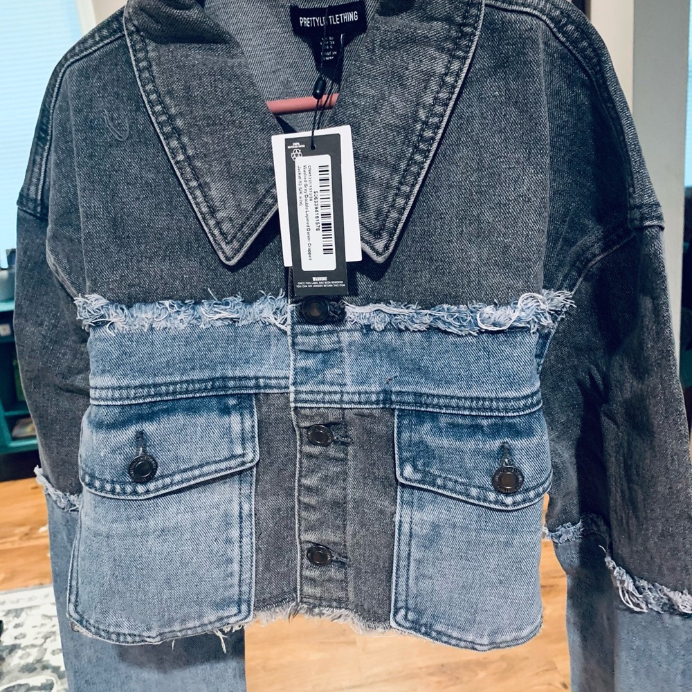 NWT PrettyLittleThing Washed Grey Double Layer Denim Crop Jacket US 6
